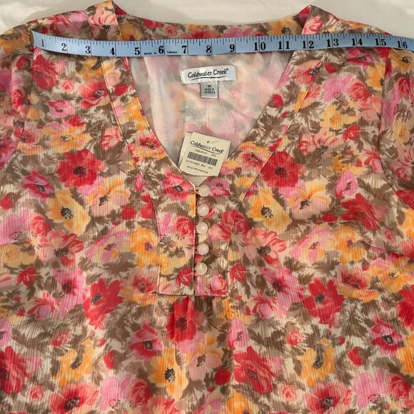 Coldwater Creek Floral Chiffon Blouse Sheer Lined V-Neck Tie Sleeve Spring Sz M - Picture 13 of 16